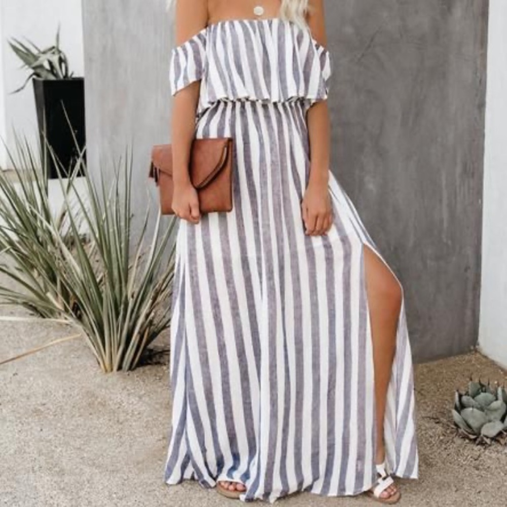 Eclipse Striped Off The Shoulder Maxi Dress